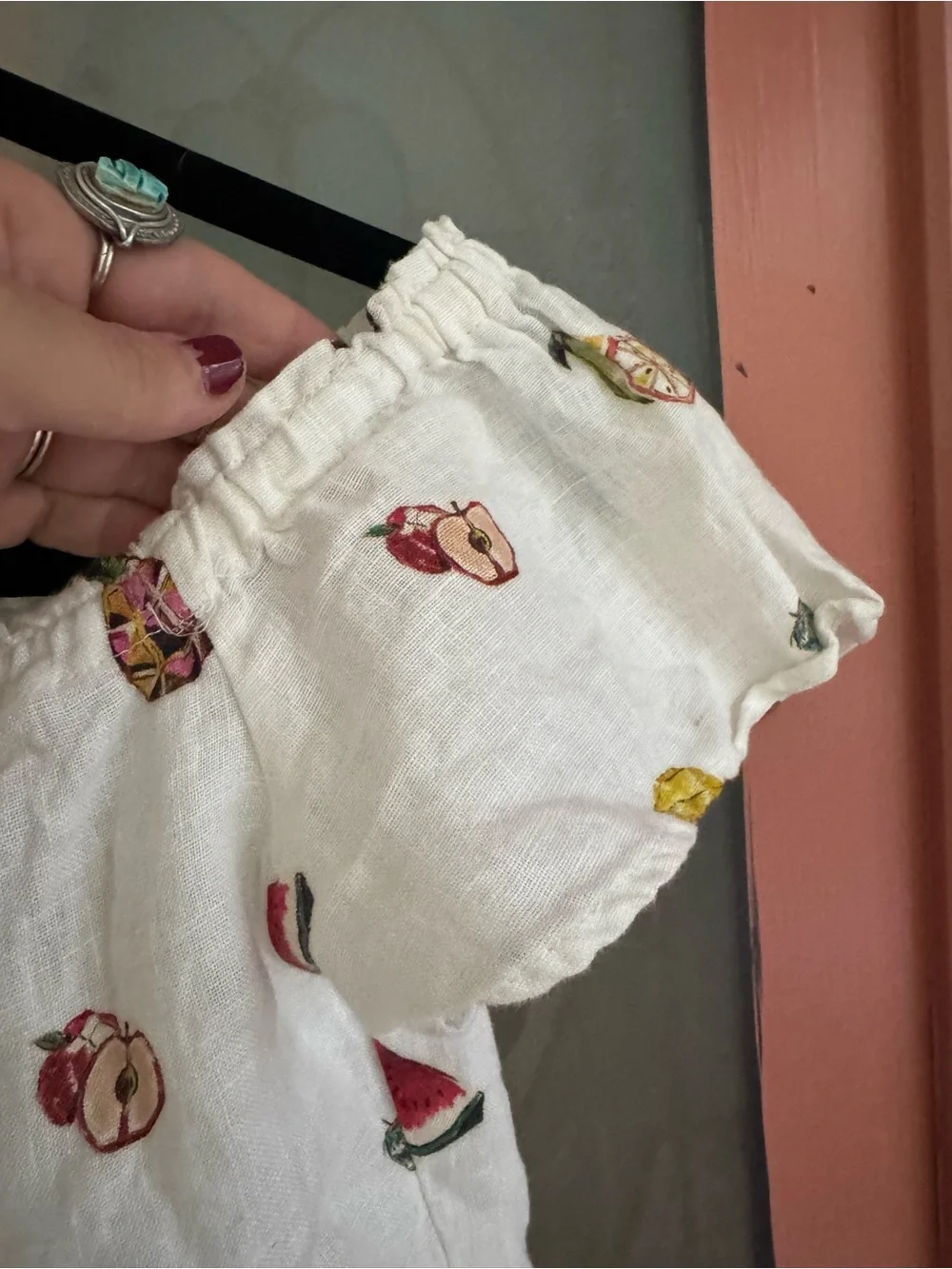Zara White Off-Shoulder Top with Colorful Fruit Print